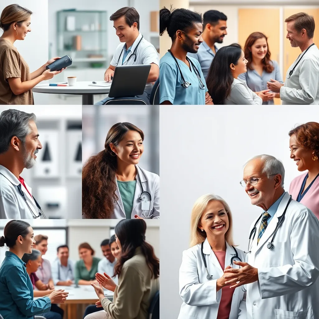 A vibrant and diverse group of people of different ages and ethnicities interacting with doctors and nurses in various healthcare settings. The image should depict a variety of services, including a doctor checking a patient's blood pressure, a nurse administering a flu shot, a group of patients participating in a health education class, and a family doctor discussing a treatment plan with a patient. The overall image should be positive, welcoming, and representative of the diverse healthcare needs of individuals and families.