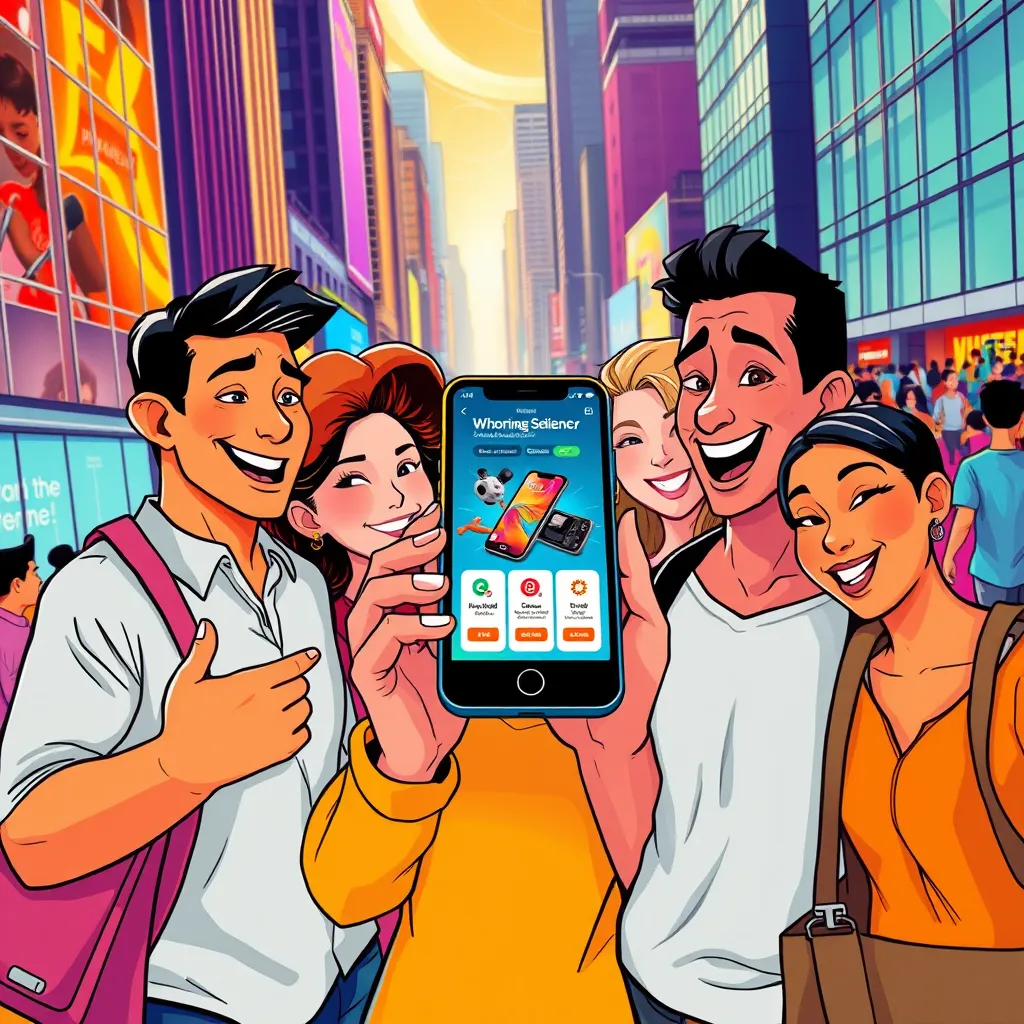 A vibrant and dynamic illustration depicting a group of diverse people interacting with a mobile phone displaying a captivating product advertisement. The scene is set in a modern cityscape, with sleek buildings and bustling crowds in the background. The illustration utilizes a bold, contemporary color palette and dynamic composition. The characters are expressive and engaging, showcasing a range of emotions and interactions. The product advertisement on the phone is visually appealing, showcasing key features and benefits. The image is rendered in a high-resolution, hyperrealistic style, capturing the details of the characters, the cityscape, and the phone screen. The image is captured with a wide-angle perspective, capturing the energy and excitement of the scene.