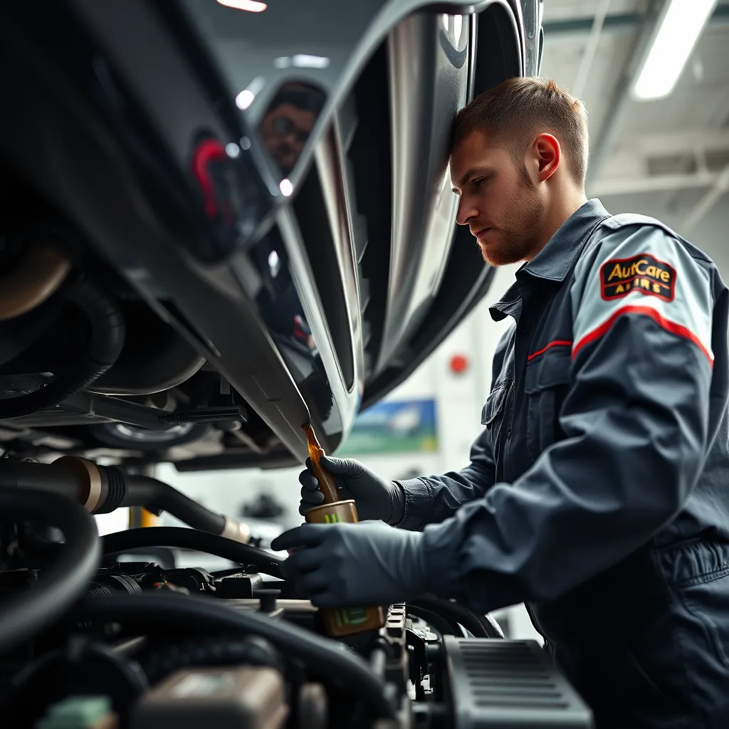 A vibrant and dynamic image capturing the oil change process at AutoCare & Tires. Focus on a mechanic, dressed in a company uniform, expertly draining the old oil from a car's engine. The mechanic should be using professional tools, and the car should be positioned in a well-lit garage with a clean, modern aesthetic. The scene should showcase the efficiency and expertise of the mechanic, highlighting the meticulous process involved in an oil change. Use sharp, detailed textures for the tools, oil, and car components. The image should be composed with dynamic lighting and a low angle, emphasizing the mechanic's action and the car's undercarriage. Render in 8K resolution with ultra-realistic detail, evoking a sense of precision and confidence in the service.