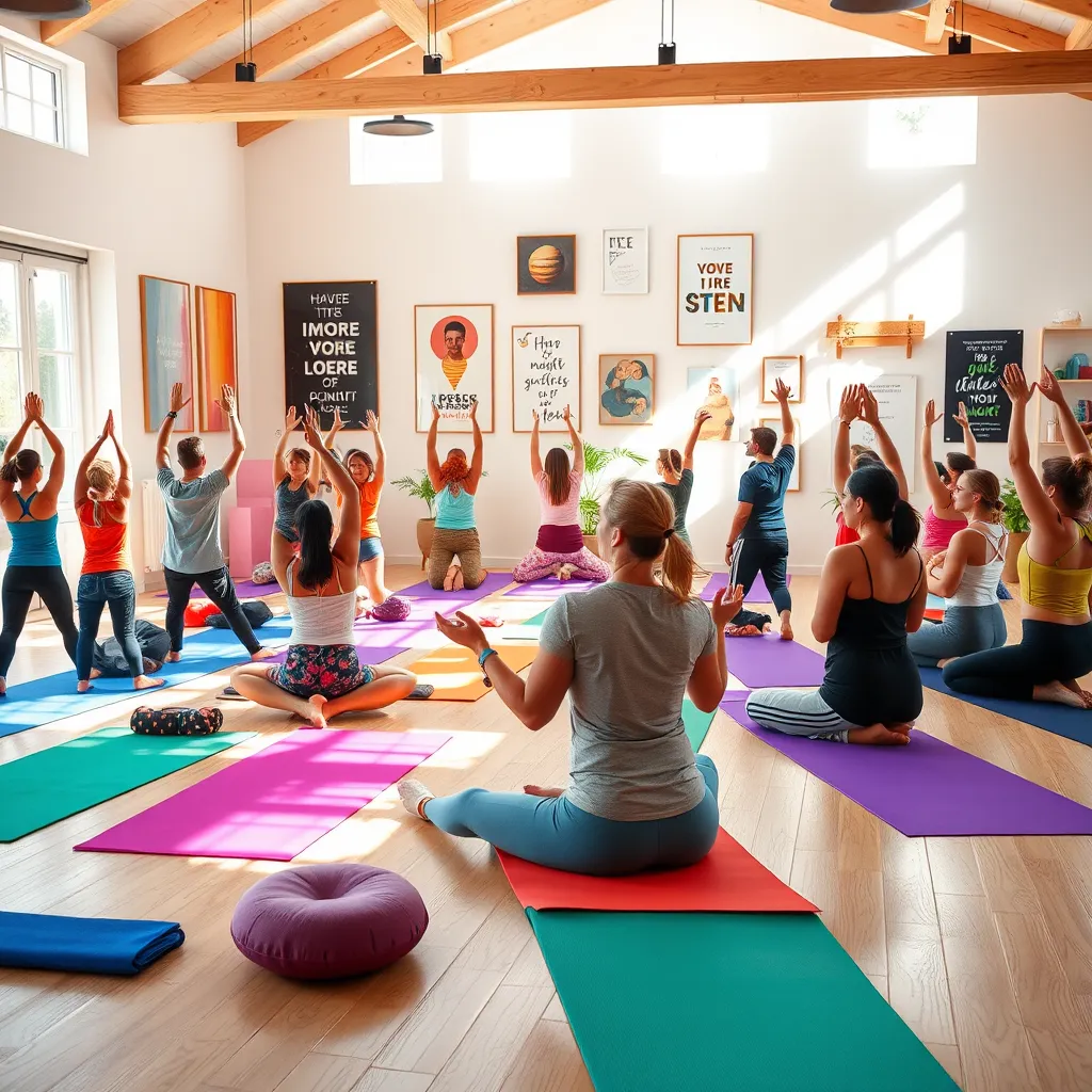 A vibrant and dynamic image of a diverse group of people (age 20-50) engaging in a variety of wellness activities in a spacious, light-filled studio. The scene should include yoga poses, meditation, stretching, and group discussions. Sunlight streams through windows, illuminating the colorful yoga mats, meditation cushions, and motivational posters. The image should radiate a sense of positive energy, community, and empowerment. Rendered in a photorealistic style with high detail, capturing the textures of the yoga mats, clothing, and studio space. 8K resolution, hyperrealistic, bright and uplifting color palette.