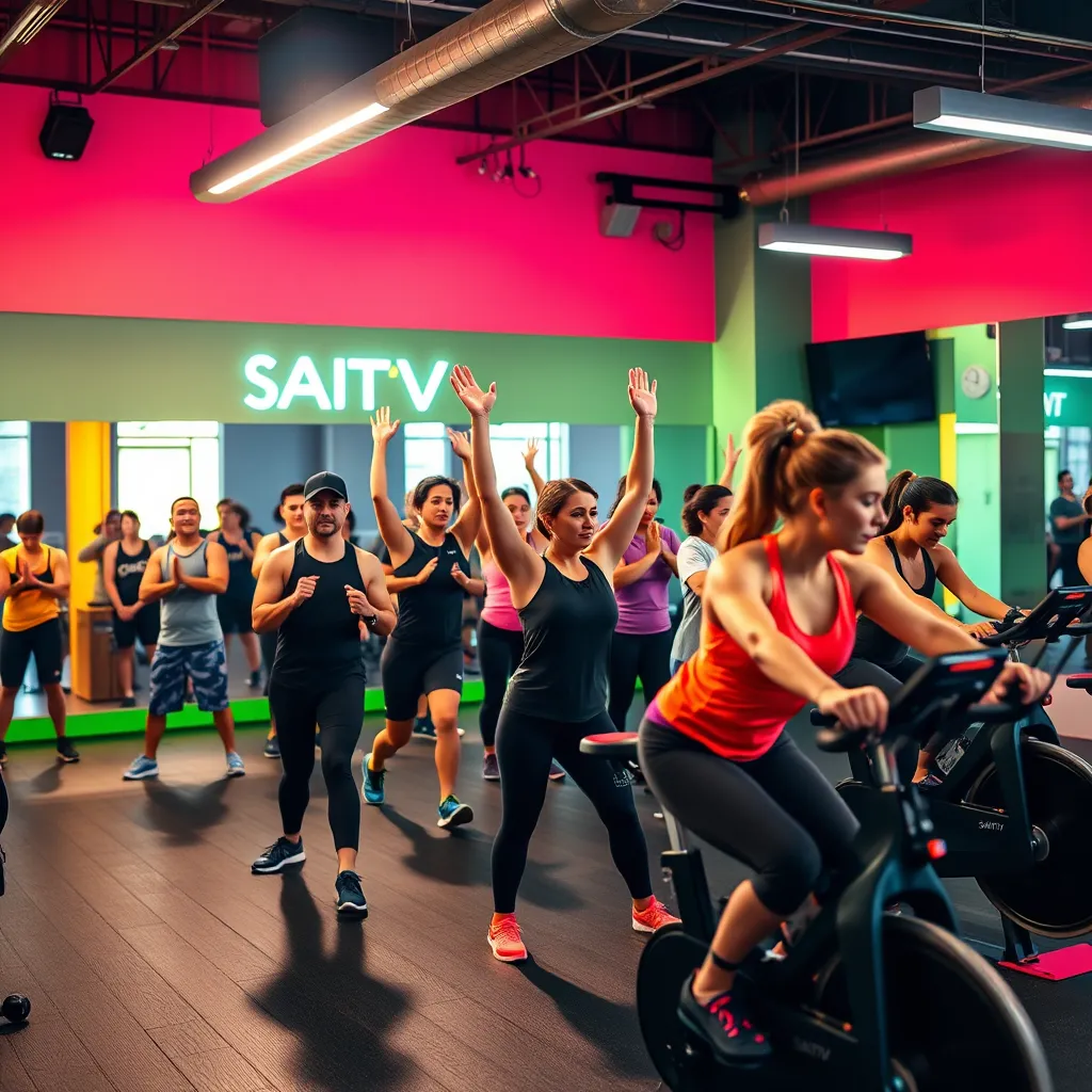 A vibrant and energetic scene showcasing a variety of workout classes happening simultaneously at SAITS4U Gym. Show a group of people engaged in a high-intensity interval training session, another group practicing yoga poses, and a third group cycling in a spin class. Use bright colors and dynamic lighting to capture the energy and diversity of the gym.