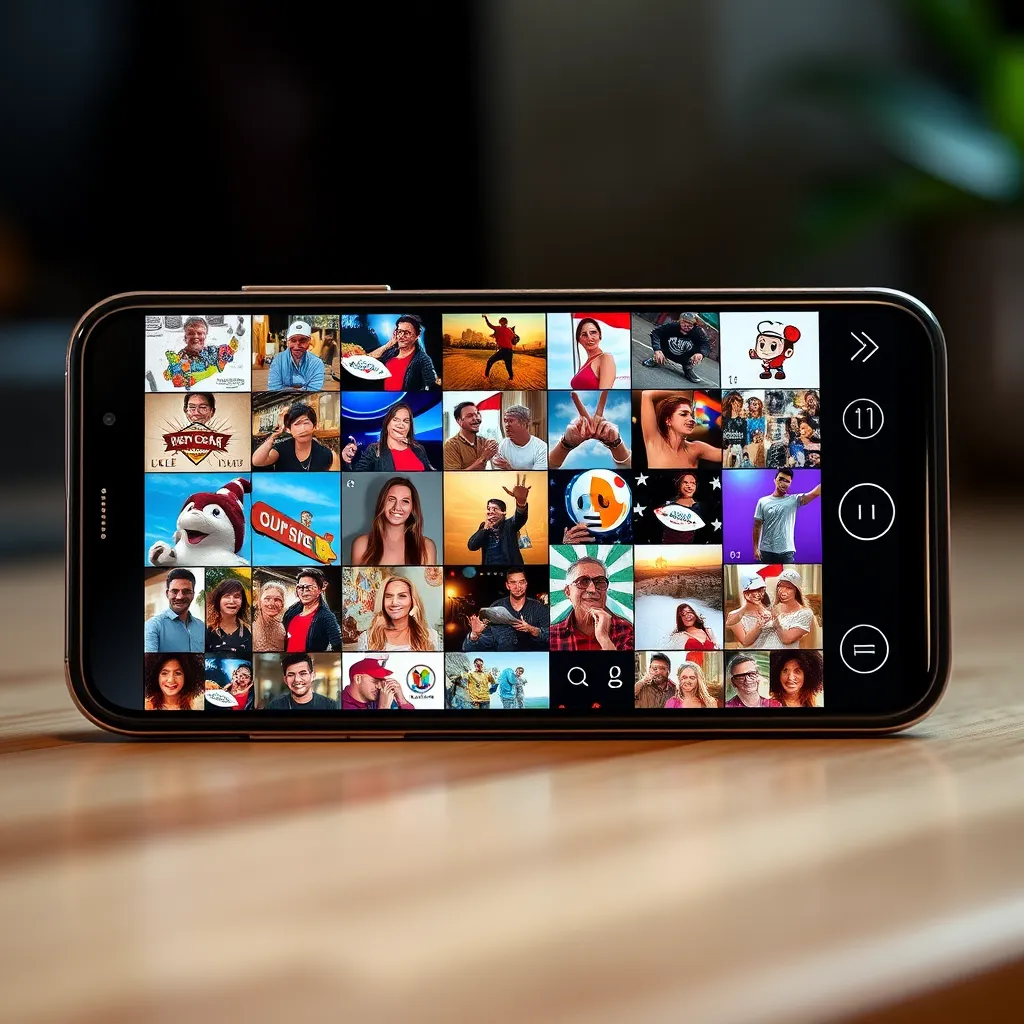 A vibrant and engaging social media feed with diverse content, including images, videos, and interactive elements. A smartphone displays the feed, showcasing a positive and engaging user experience. The image should depict a sense of community and active participation.