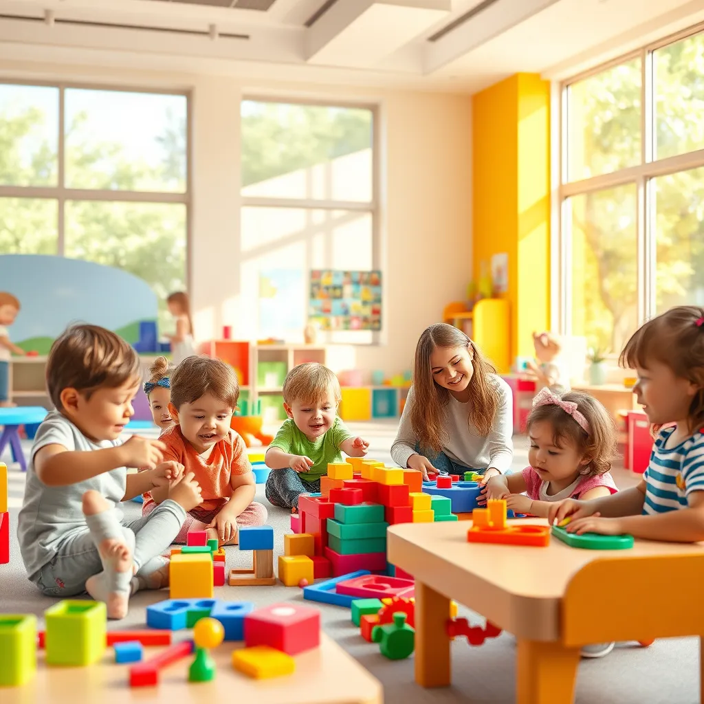 A vibrant and inviting classroom setting, filled with natural light streaming through large windows.  A group of children ages 2-4 are engaged in various activities, such as building blocks, painting, and playing with toys.  The room is colorful and stimulating, with playful murals and colorful furniture. The children are smiling and interacting with each other and a caring teacher. The image should have a warm and inviting atmosphere, capturing the joy of learning and exploration.  Capture the scene with a wide-angle lens, emphasizing the spaciousness and welcoming nature of the classroom. Render the image in a photorealistic style with 8K resolution and ultra-detailed textures, showcasing the vibrancy of the colors and the intricate details of the toys and furniture.