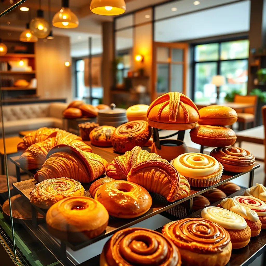 A vibrant and inviting display of freshly baked pastries in a glass display case. The pastries are arranged in a visually appealing manner, showcasing their textures and colors. The glass case is illuminated with warm, inviting lighting, highlighting the golden crusts of croissants, the glossy glaze on muffins, and the delicate swirls of cinnamon rolls. The background features a warm, inviting coffee shop interior, with cozy seating and rustic wooden tables. The image should capture a sense of freshness and deliciousness, showcasing the craftsmanship and quality of the pastries.  The composition should include a variety of pastries, inviting the viewer to imagine their flavors. The image should have a warm color palette with high contrast, emphasizing the texture and details of the pastries. The image should be rendered in an ultra-realistic style, capturing the details of the pastry fillings, the intricate crusts, and the delicate frosting. The image should have a wide-angle shot, capturing the entire display case and its surroundings.