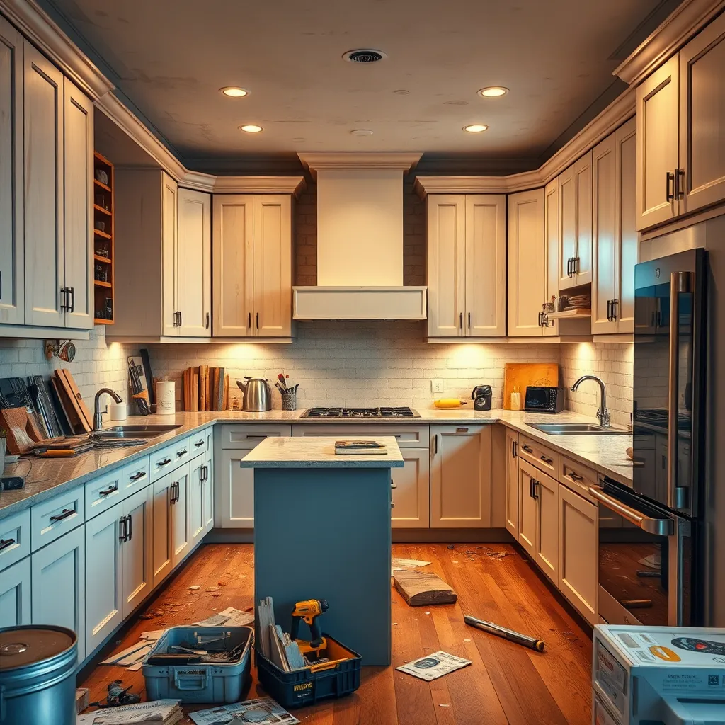 A vibrant and inviting image of a kitchen undergoing a complete renovation. Focus on the contrast between the old, worn cabinets and the sleek, modern design of the new countertops, backsplash, and appliances. The lighting should be soft and warm, highlighting the luxurious finishes.  The room should be filled with tools and materials, suggesting active progress.  Capture the energy and excitement of a space being reborn. Render in ultra-high detail, with a focus on realistic textures and materials.
