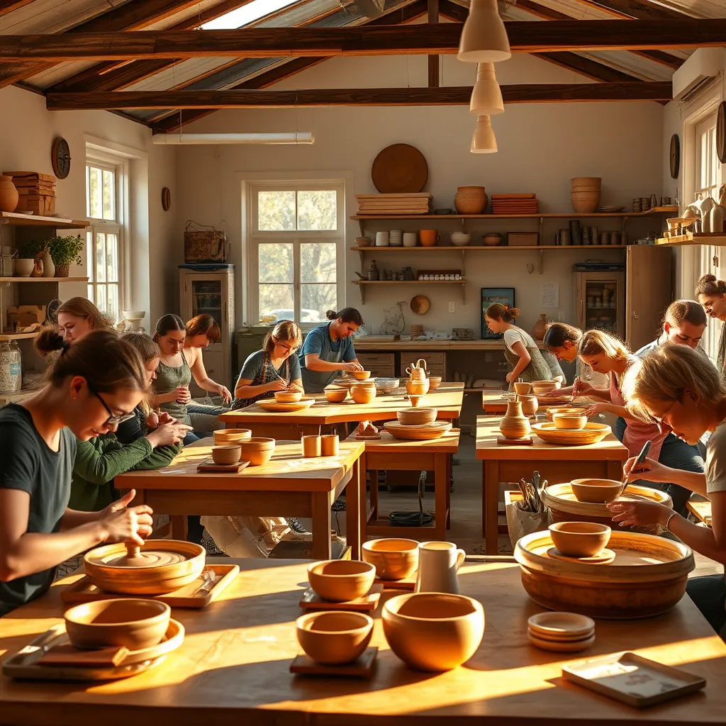 A vibrant and inviting scene inside Mary Glasgow's pottery studio, where a group of students are engaged in a pottery workshop. The room is filled with natural light, casting warm shadows on the tables and tools. Students are engrossed in creating their own ceramic pieces on pottery wheels, with a mix of beginners and more experienced potters. The atmosphere is cheerful and collaborative, with Mary Glasgow providing guidance and encouragement. The image should capture the joy and creativity of the workshop experience, with a focus on the hands-on activity and the beautiful, handcrafted pottery being created. Render the image in a photorealistic style, highlighting the textures of the clay and the vibrant colors of the glazes.