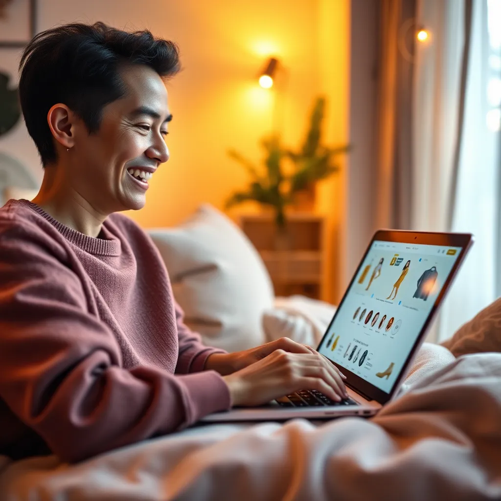 A vibrant and modern image, capturing the essence of a seamless shopping experience.  The image should depict a person, smiling and browsing through products on their laptop, surrounded by a cozy and inviting environment.  Soft, warm lighting should illuminate the scene, creating a comfortable and welcoming atmosphere. The laptop screen should showcase a clean and intuitive interface, highlighting the ease of navigation and product discovery on SAITS4U Store. The image should have a dynamic composition, with the person's hands interacting with the laptop, emphasizing the interactive and user-friendly nature of the shopping experience. The overall tone of the image should be positive and engaging, conveying a sense of ease and satisfaction. The image should be rendered in ultra-high quality, capturing the realistic textures and details of the laptop, person, and surroundings.  The image should be inspired by the minimalist and contemporary style of popular online retailers.