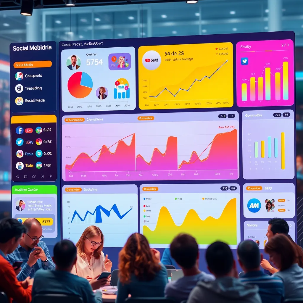 A vibrant and modern social media dashboard with various social media platforms displayed. Colorful graphs and charts showcase audience engagement, growth, and social media performance.  The background features a diverse group of people interacting on smartphones and laptops, representing different demographics.