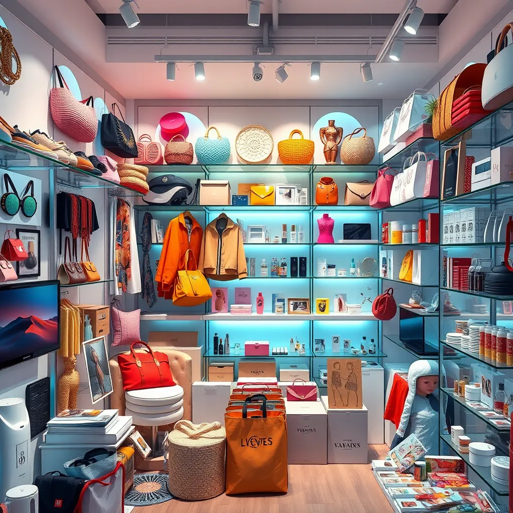 A vibrant and organized online store interface showcasing a diverse range of products, including fashion accessories, electronics, home decor, and beauty items. The image should convey a sense of abundance and variety, appealing to shoppers with different interests.