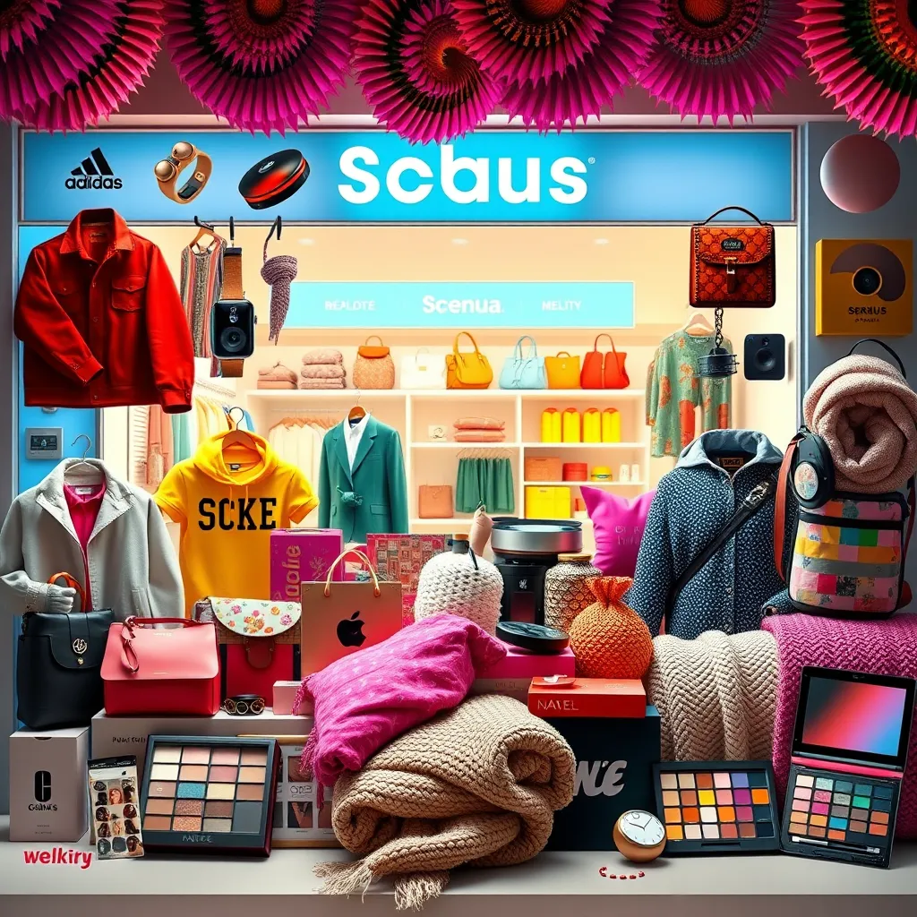 A vibrant collage showcasing a wide array of products.  Include stylish clothing, sleek gadgets, cozy blankets, and colorful makeup palettes. The background should be a bright and inviting e-commerce storefront with product categories clearly labeled.