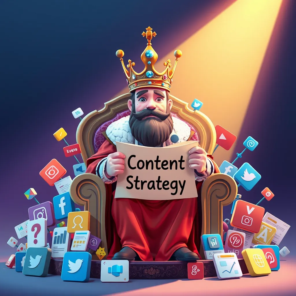 A vibrant illustration depicting a king wearing a crown made of social media icons, sitting on a throne made of various content formats like blog posts, videos, and infographics. The king is holding a scroll that reads 'Content Strategy,' and a spotlight is shining on him.