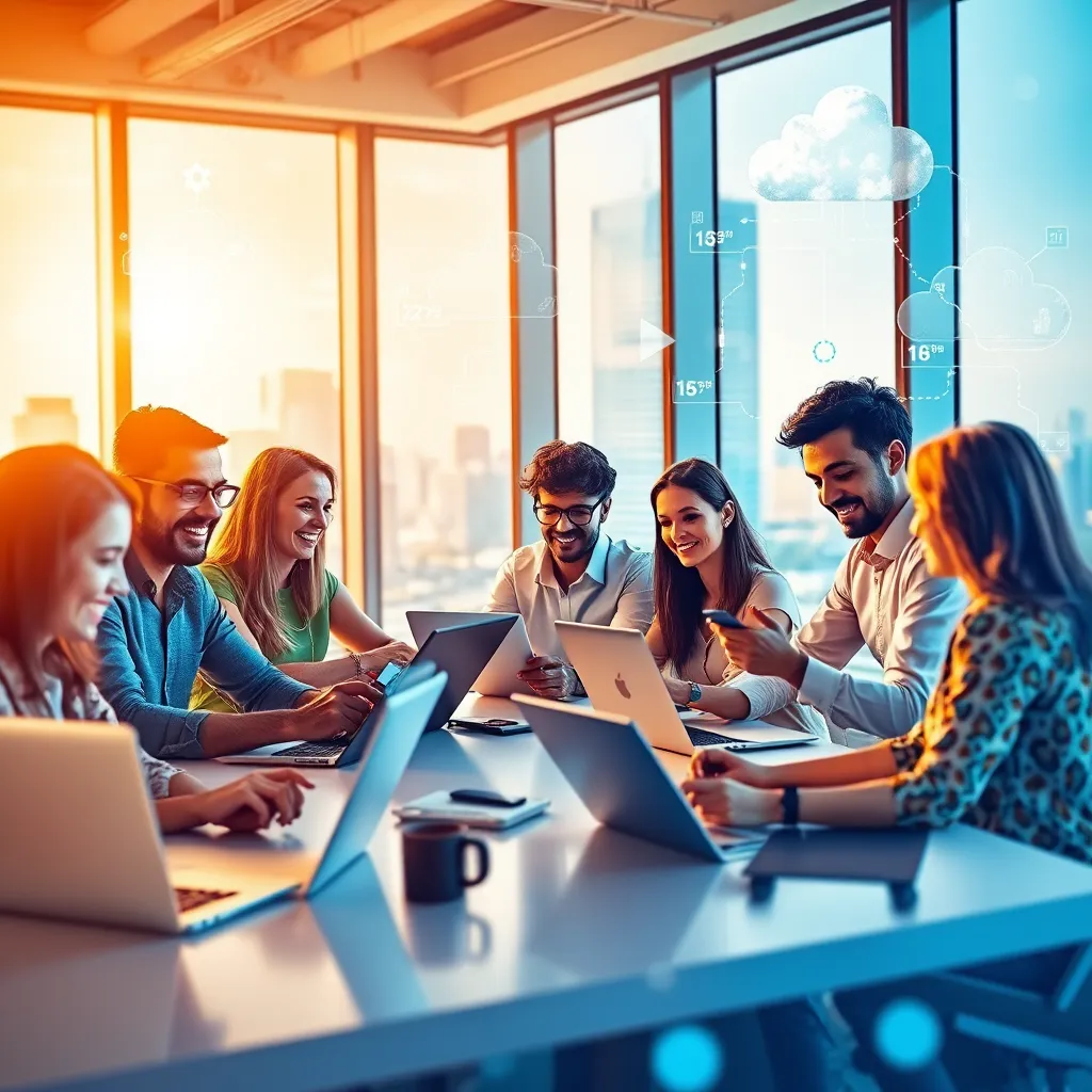 A vibrant image of a collaborative workspace with people of diverse backgrounds working on different projects. The scene is set in a modern office with large windows overlooking a cityscape.  Bright, natural lighting illuminates the workspace, creating a positive and inspiring atmosphere. The image should showcase multiple devices, including laptops, tablets, and smartphones, all seamlessly connected to the cloud.  The background includes abstract visualizations of cloud computing infrastructure, highlighting the scalability and accessibility of cloud services.  The image should convey a sense of innovation, connectivity, and collaboration.  8K resolution, with realistic textures and materials.  