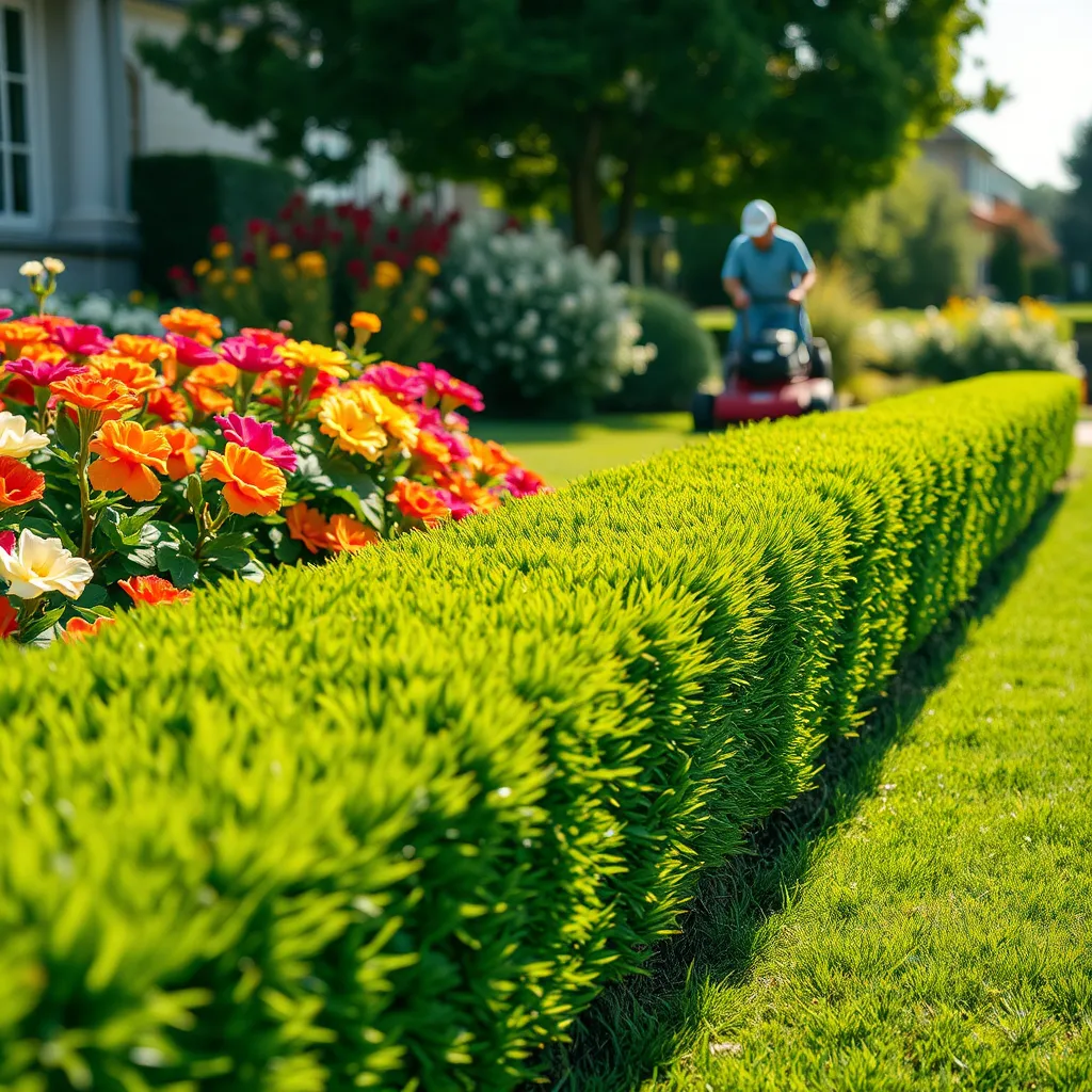 A vibrant image of a meticulously manicured lawn with a neatly trimmed hedge, vibrant green grass, and colorful flowers in bloom, showcasing a lawn care expert working with a professional mower in the background.