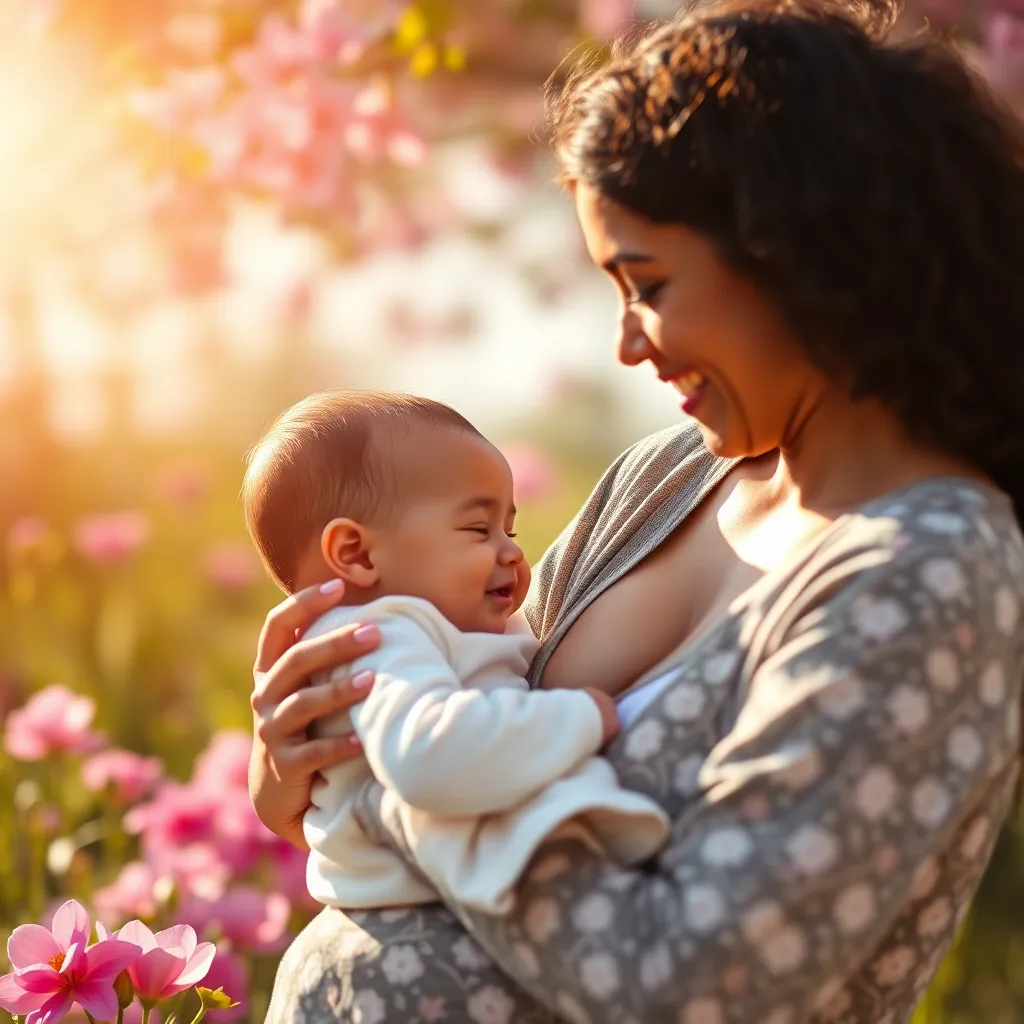 A vibrant image of a mother confidently breastfeeding her baby in a natural setting, with a backdrop of blooming flowers and bright sunlight, symbolizing joy, nourishment, and the beauty of breastfeeding.