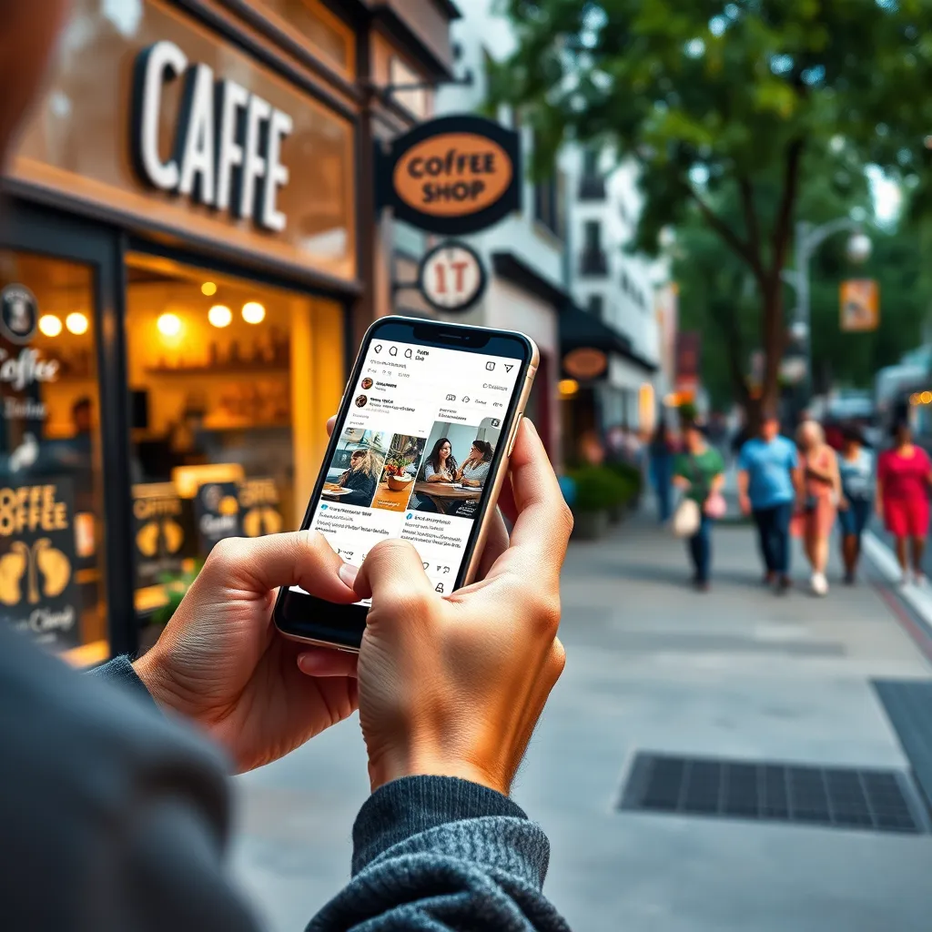 A vibrant image of a person using a mobile phone on a sidewalk in front of a local coffee shop. They are scrolling through a social media feed with posts from the shop promoting their products and events. The background shows a bustling street scene with people walking and enjoying the city.