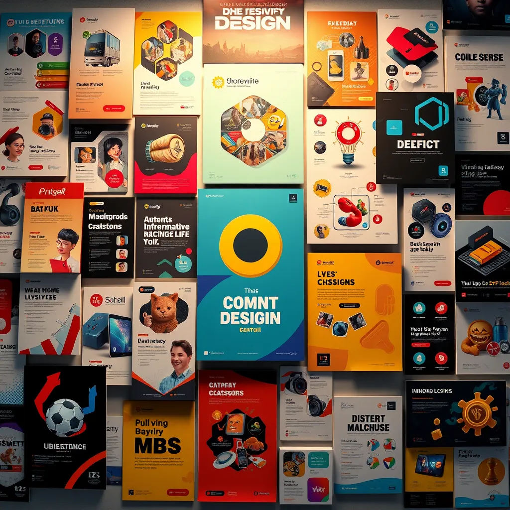 A vibrant image showcasing a collection of graphic design elements, including brochures, flyers, social media posts, and illustrations. The graphics should be visually appealing, incorporating diverse styles and colors, and conveying a sense of energy and professionalism.