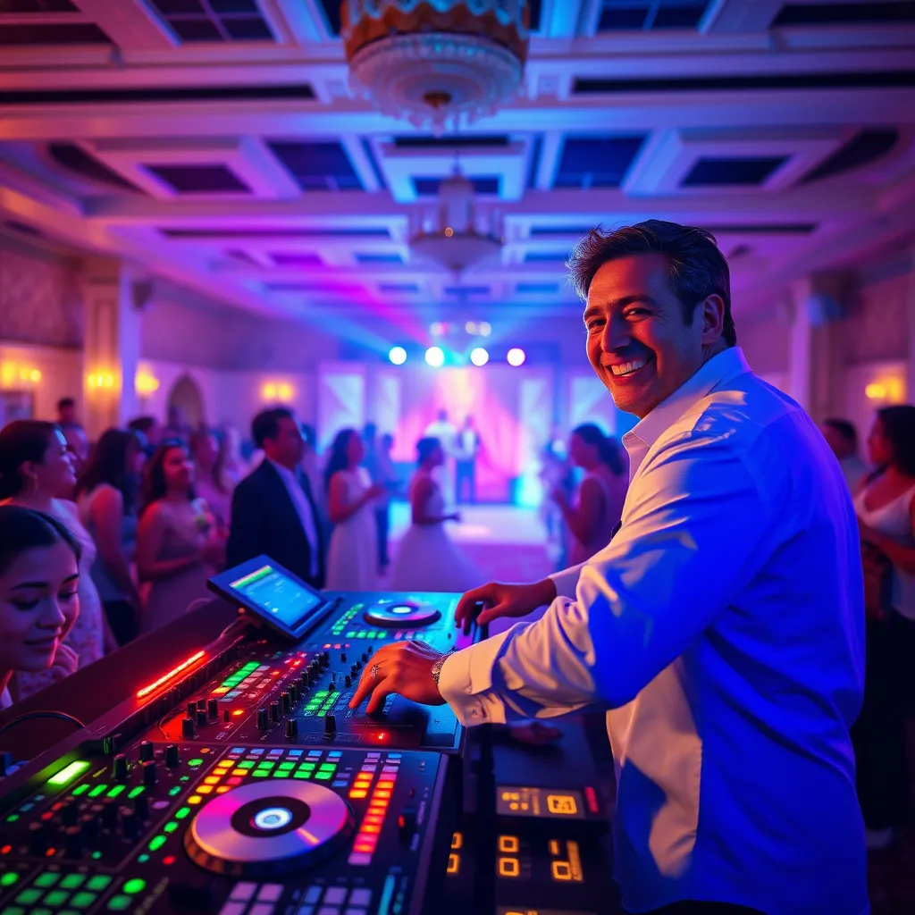 A vibrant image showcasing a DJ console with colorful lights, a dance floor filled with happy guests, and a wedding reception backdrop. The DJ is smiling and interacting with the crowd, playing a mix of upbeat and romantic songs.