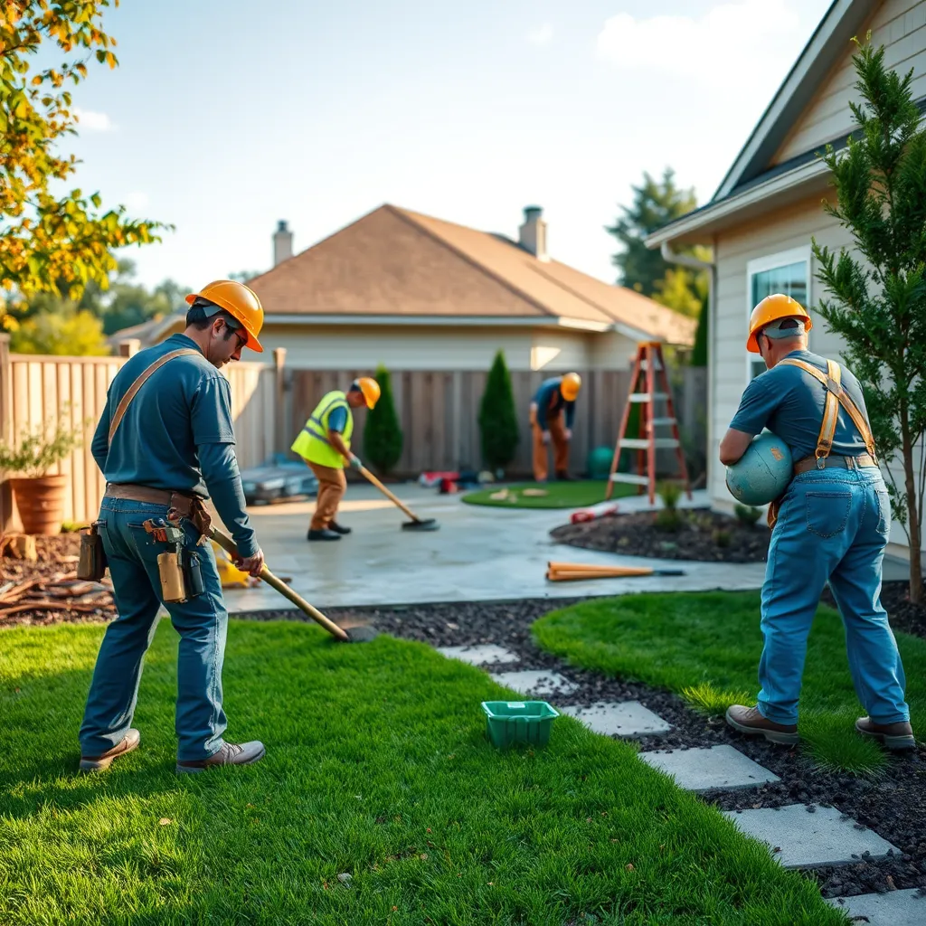 A vibrant image showcasing a team of skilled contractors working on various home improvement projects simultaneously.  One worker could be pouring concrete for a patio, another installing fencing, while another is laying sod on a newly graded lawn. The image should convey the comprehensive nature of the services offered.