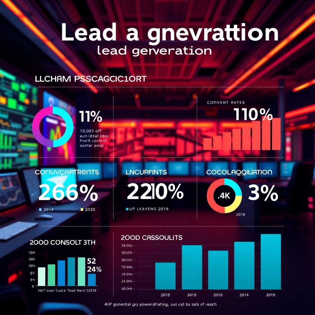 A vibrant infographic displays key performance indicators (KPIs) related to lead generation, such as conversion rates, engagement metrics, and cost per acquisition (CPA).  Data points are visually represented in a clean and understandable manner using charts and graphs. The background features a futuristic, AI-powered control center.