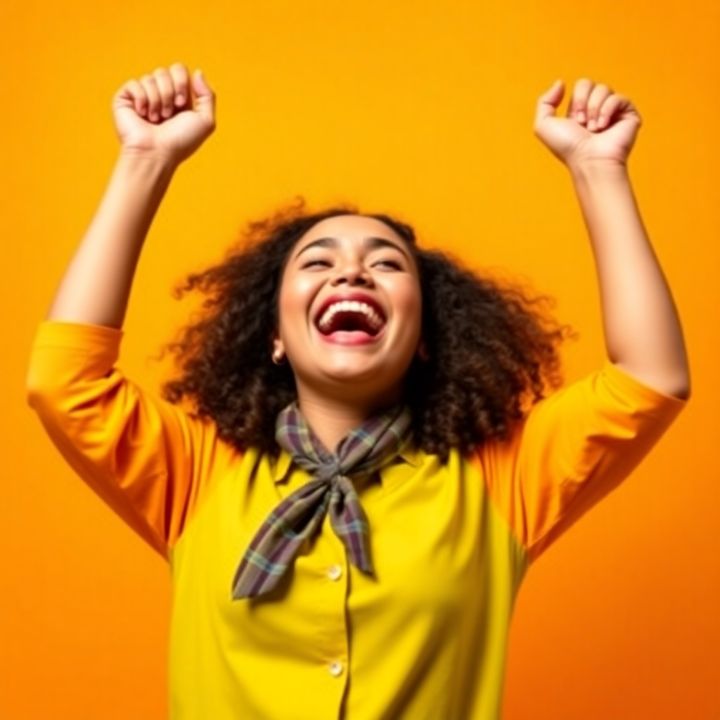A vibrant, joyful image depicting a person celebrating a small financial victory, such as paying off a debt or hitting a savings goal. Use bright colors and dynamic composition to create a positive and uplifting mood.