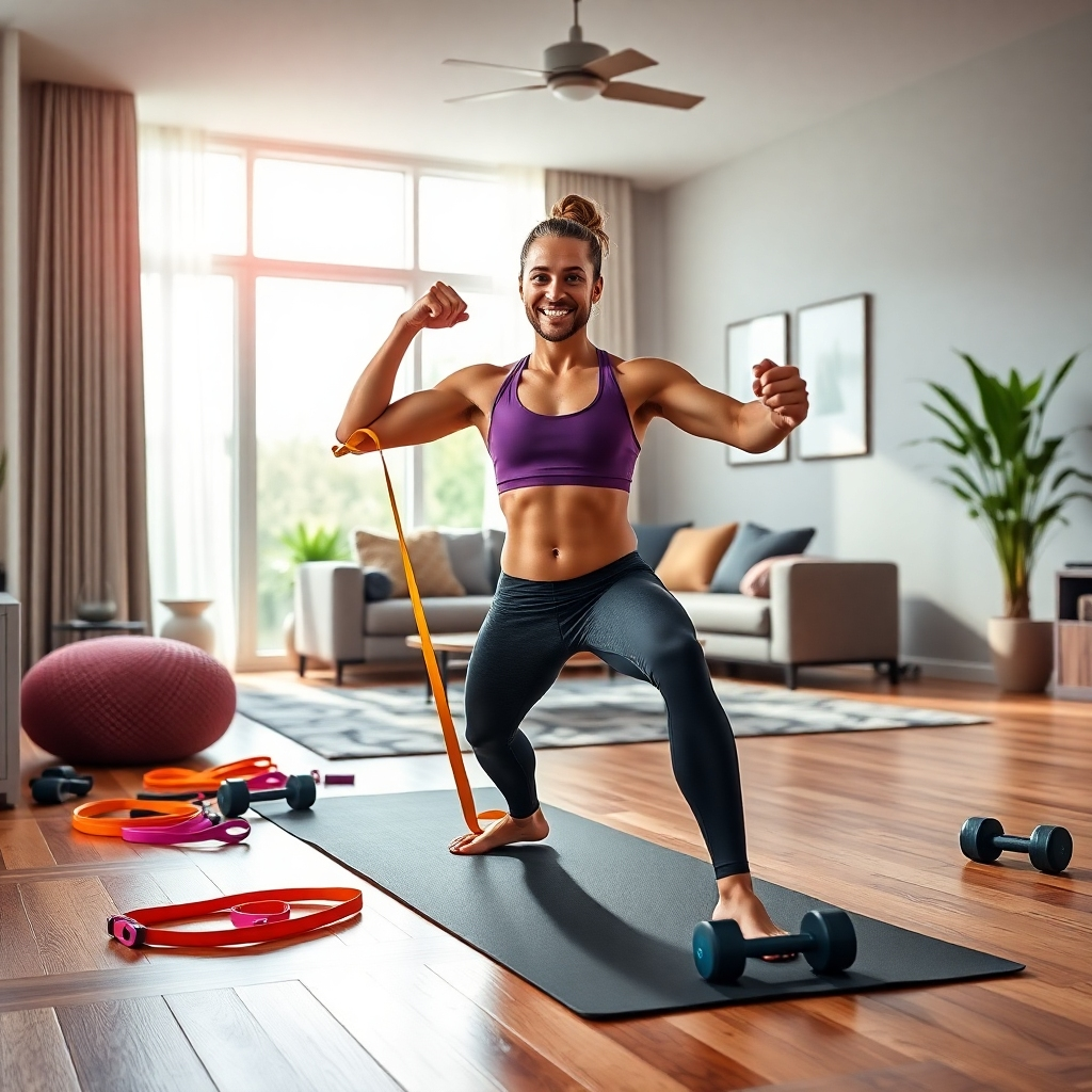A vibrant photorealistic image depicting a home gym setup. It should include a yoga mat, resistance bands, dumbbells, and a person exercising with a confident and energetic expression. The background should be a modern living room with natural light streaming in, showcasing a bright and inviting atmosphere.