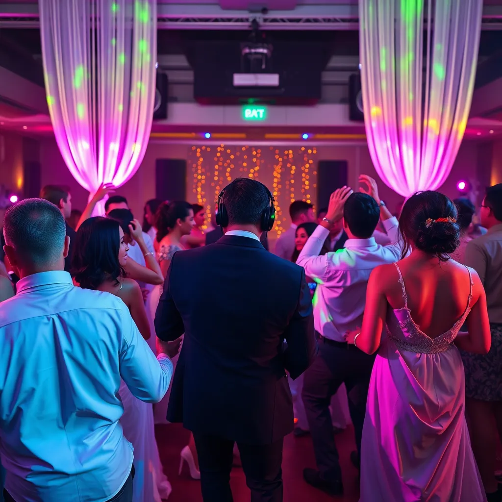 A vibrant wedding reception with guests dancing on the dance floor. The DJ booth is in the background, with a DJ wearing headphones and mixing music. There are colorful lights and a festive atmosphere.