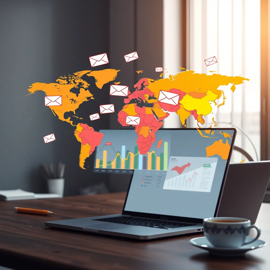 A vibrant world map with email icons flying out of different countries, landing on a computer screen showing email marketing analytics and a graph showing increasing ROI. The background should be a modern, minimalist office setting with a laptop and a cup of coffee.