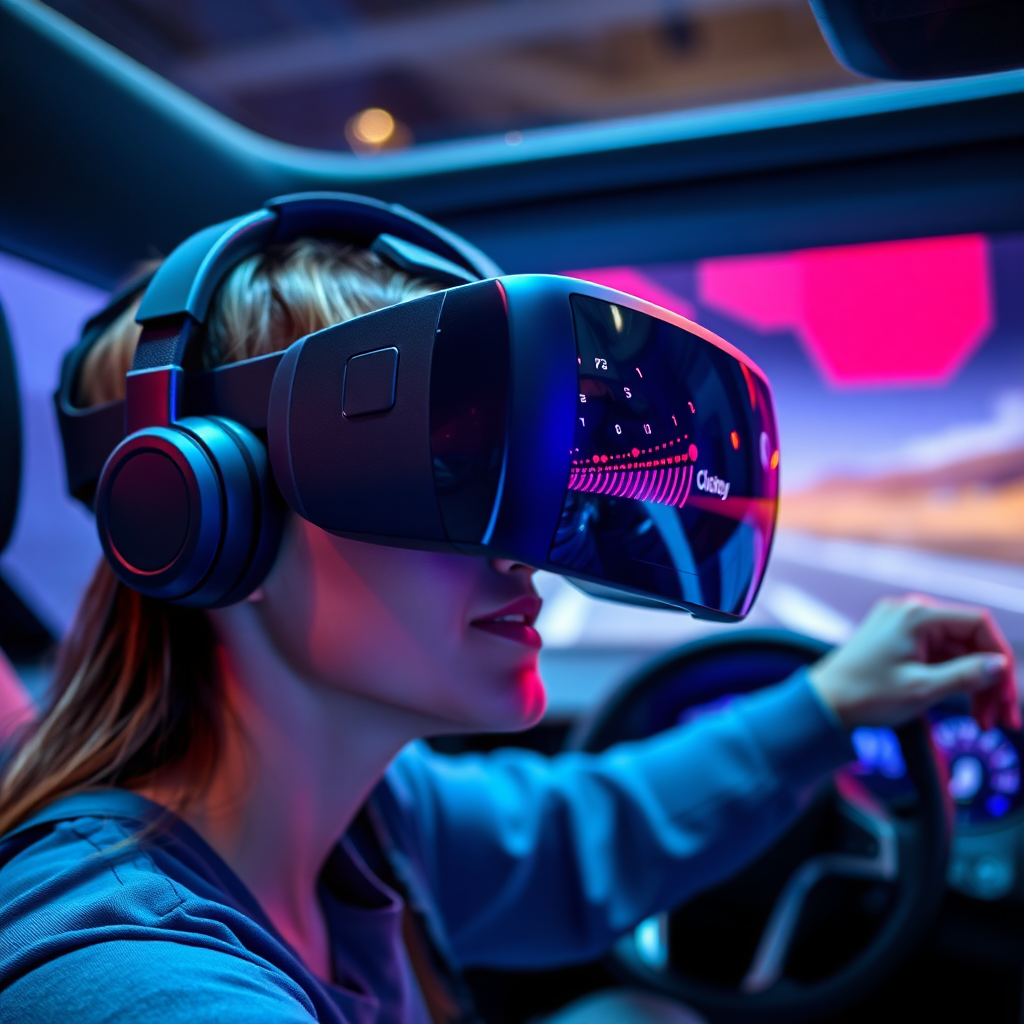 A virtual reality headset displaying a realistic driving simulation. Highlight innovation and user experience.