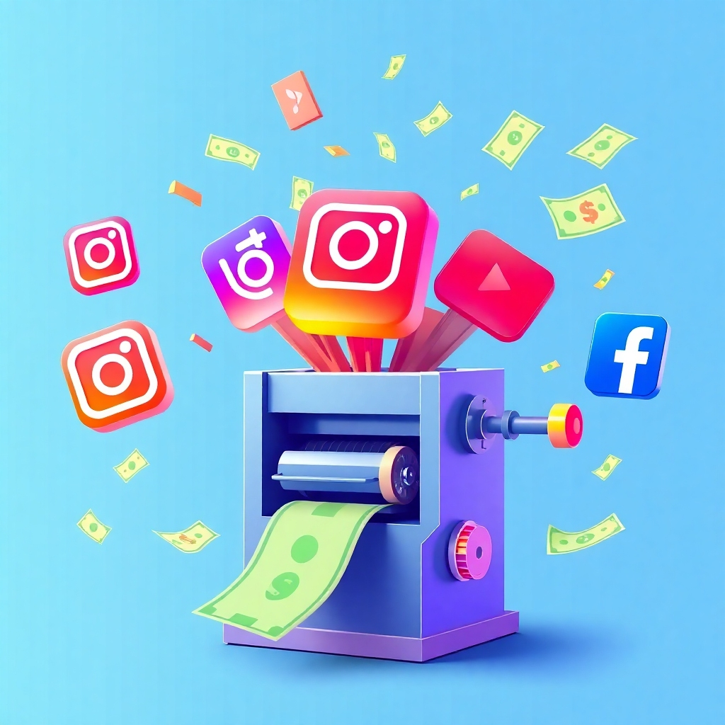 A visual metaphor depicting a social media platform transforming into a money printing machine. The core of the image is a stylized version of popular social media logos (Instagram, TikTok, Youtube, Facebook). The machine is depicted with gears, levers, and outputs streams of cash. The overall impression conveys profitability. Bright, vibrant colors.