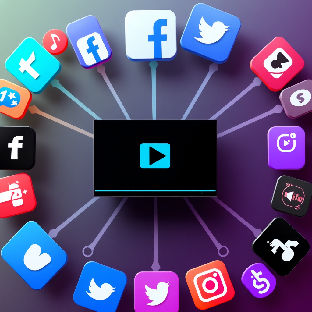 A visual representation of a central video radiating outward to various social media platforms like Facebook, Instagram, and TikTok. Each platform is represented by its respective logo and a visual cue representing the type of content that thrives on that platform. The color palette is vibrant and diverse, reflecting the unique identity of each platform. The style is modern and dynamic, resembling a web design concept. The resolution is 8K.