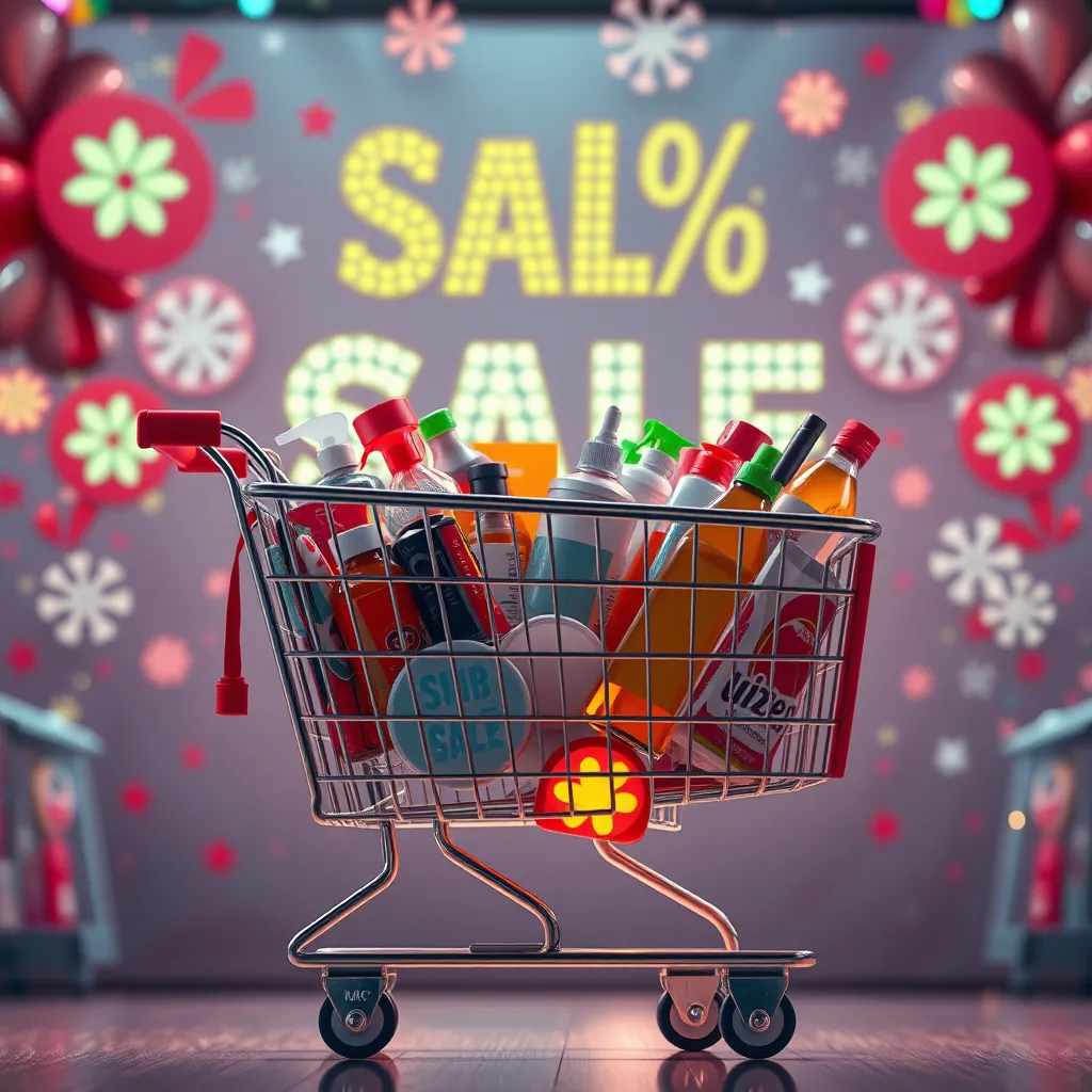 A visual representation of a shopping cart overflowing with diverse products.  The cart should be placed against a backdrop of a celebratory sale banner with flashing discount symbols.  The overall image should convey excitement and affordability.