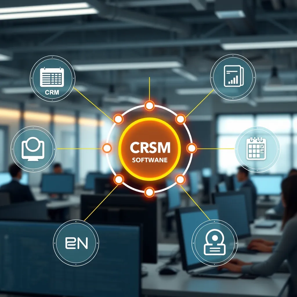 A visual representation of data flowing smoothly between different software systems. The image should feature a central hub representing the custom software, connected to various icons representing different business systems like CRM, ERP, and accounting software. The background can be a modern office environment with people working on their computers.