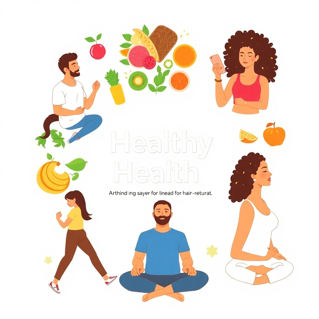 A visually appealing image depicting a healthy lifestyle, incorporating fresh food, exercise, and mindfulness practices. The overall style should be bright and inviting, featuring diverse individuals, representing a holistic approach to hair health.  The image should suggest a healthy lifestyle as a contributing factor to hair health, not the sole method for hair restoration.