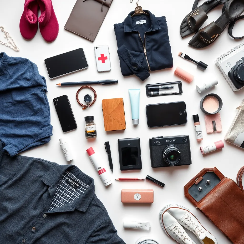 A visually appealing image of a diverse range of products laid out on a white background. The products should include stylish clothes, sleek electronics, home decor items, and beauty essentials. The image should be well-lit and have a professional feel.