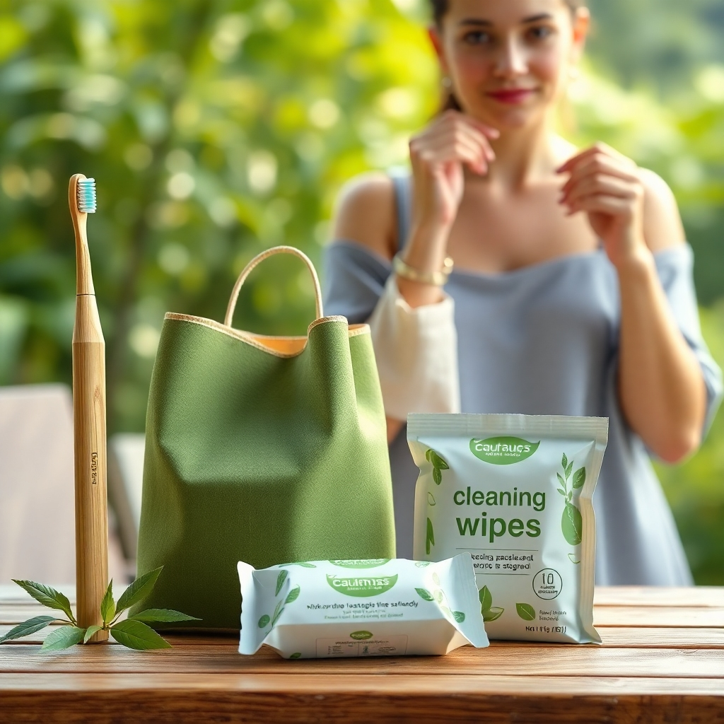 A visually appealing photorealistic image showcasing a collection of sustainable products. Include a bamboo toothbrush, a reusable shopping bag, a set of biodegradable cleaning wipes, and a person using these products. The background should be a serene natural setting, highlighting the products' eco-friendly nature.