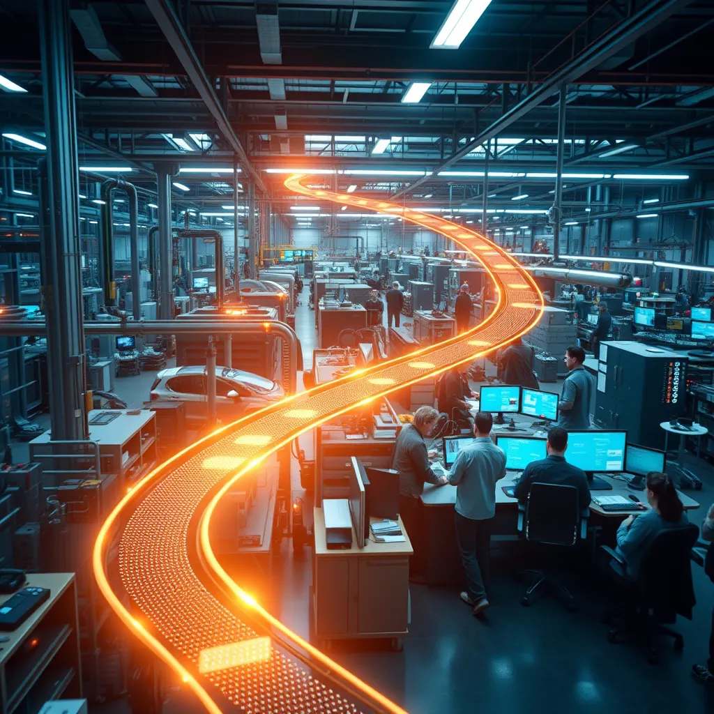 A visually engaging and dynamic image depicting a process optimization solution implemented in a real-world setting.  The image could focus on a manufacturing facility, a bustling call center, or a team collaborating in a technology-driven workspace. The image should showcase the improved flow of information and processes, with clear visual elements representing the optimized steps and reduced bottlenecks. The lighting should be sharp and dramatic, highlighting the streamlined flow and efficiency gains. The camera angle should be dynamic and creative, capturing the energy and positive impact of the process optimization solution. The image should be rendered with a high level of detail, showcasing the intricate elements of the optimized process and its impact on the overall operation.