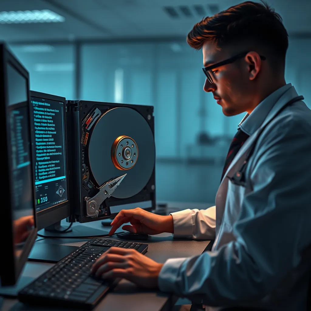 A visually impactful scene depicting a data recovery specialist using specialized software to retrieve lost data from a damaged hard drive. The image should focus on the intricate details of the hard drive, with data streams flowing through the software interface. The specialist should be wearing a professional outfit and using a high-tech workstation. The lighting should be dramatic and focused, casting shadows and highlighting the urgency of the situation. The background could be a clean, modern office with a sense of quiet intensity. The image should be rendered in a photorealistic style, conveying a sense of expertise, reliability, and peace of mind.