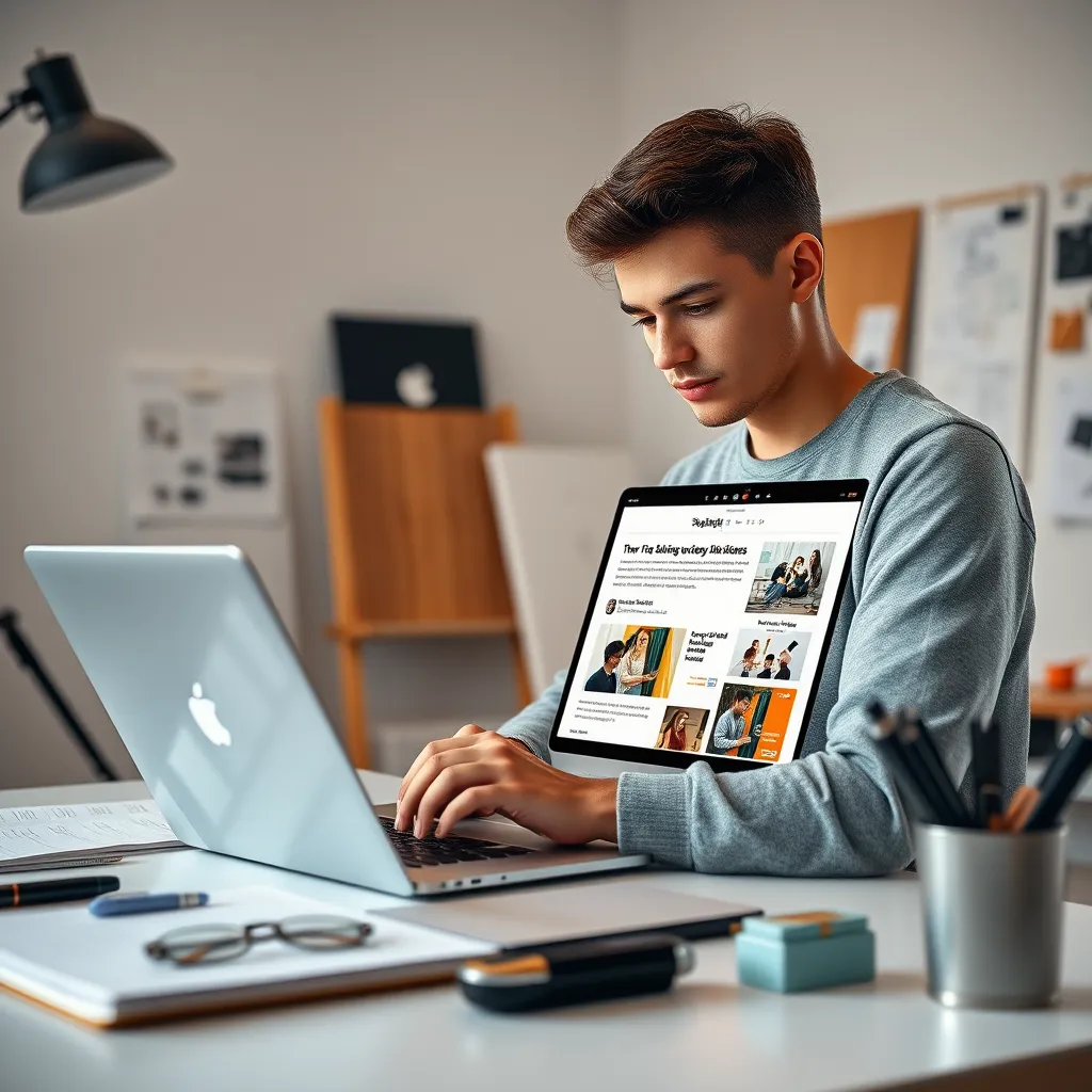 A visually striking image featuring a young, creative professional working on a laptop in a modern studio space. The laptop screen should display a captivating blog post or social media graphic with high-quality visuals and engaging copy. The background should be a minimalist studio setting with soft diffused lighting and neutral color tones. The image should emphasize the creative process with elements like sketchbooks, art supplies, and inspiration boards. Render the image in a photorealistic style, with a focus on detail and texture. The image should convey a sense of energy, inspiration, and creativity.
