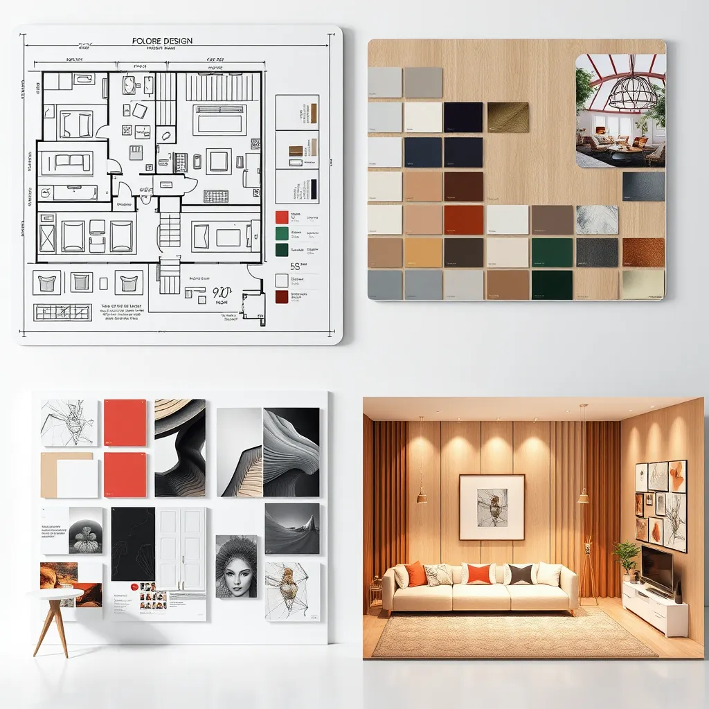 A visually stunning image showcasing a variety of interior design elements: a detailed floor plan with furniture layouts, a color palette board with swatches, a mood board with inspirational images, and a 3D rendering of a completed room. The image should highlight the comprehensive nature of SAITS4U's design services.