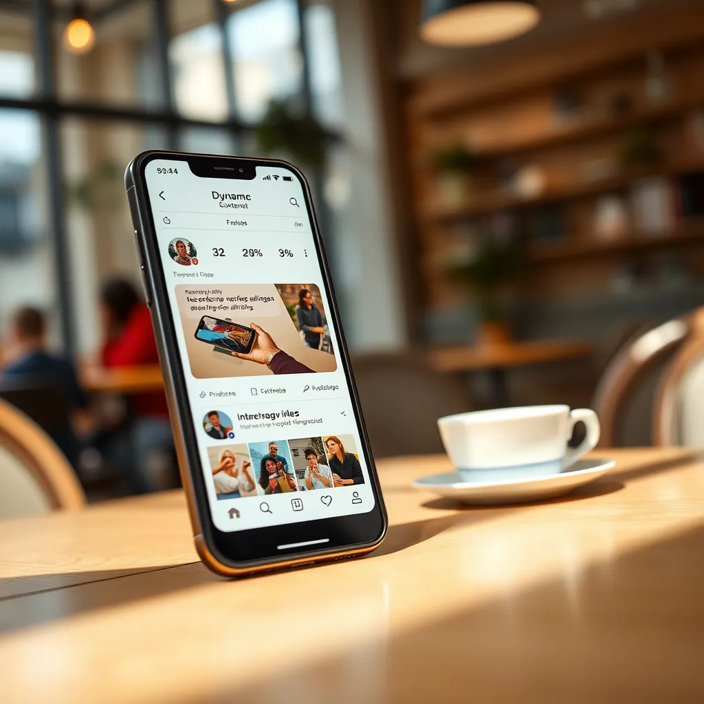 A warm, inviting image capturing a smartphone screen displaying a dynamic social media feed. The feed should showcase engaging content with eye-catching visuals, positive user comments, and high interaction rates. The phone should be positioned on a table in a trendy coffee shop with natural light illuminating the scene. The background should feature soft, muted colors, creating a comfortable and inviting atmosphere. The image should be captured in a close-up perspective, emphasizing the smartphone screen and its contents. Render the image in a realistic style, with detailed textures and vibrant colors.