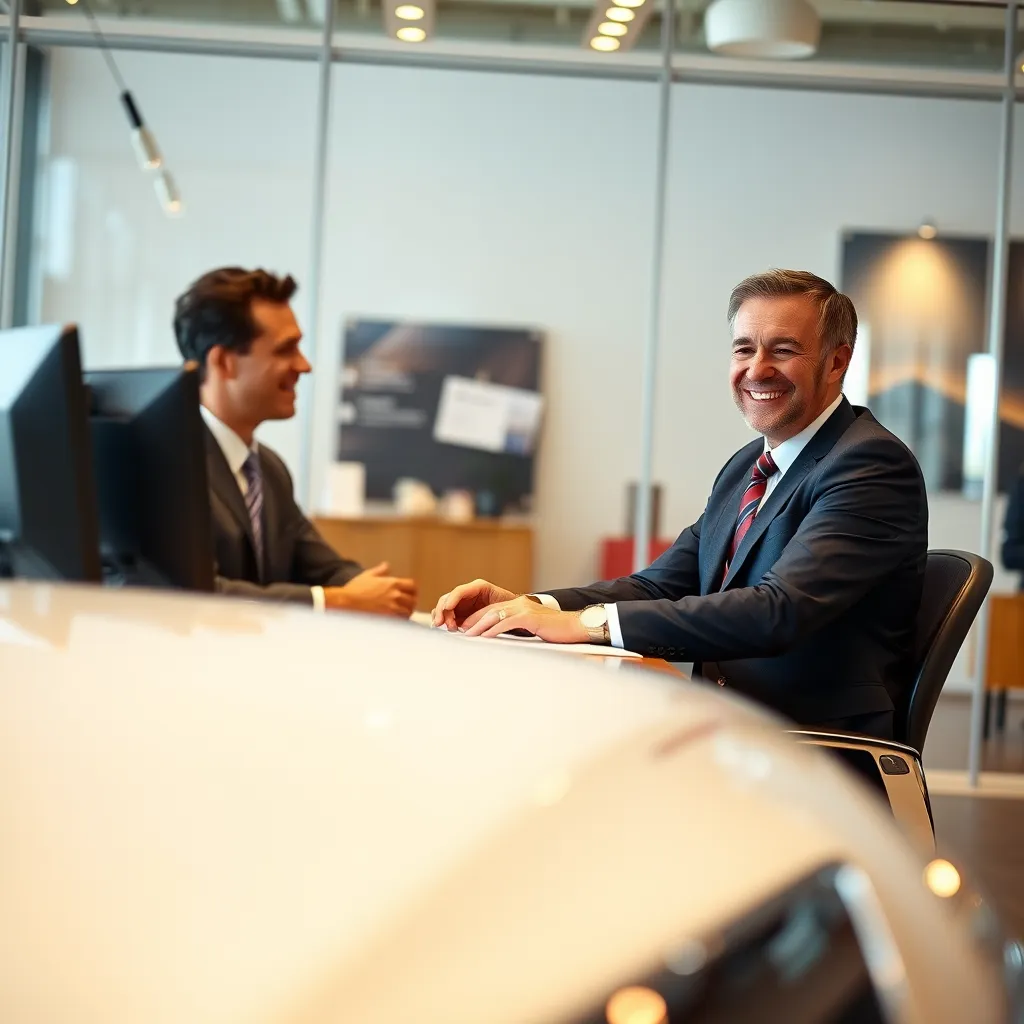 A warm, inviting image of a friendly car salesman sitting at a desk with a customer, discussing financing options. The setting should be a comfortable and professional office space with soft, diffused lighting. The salesman should be dressed in a suit and tie, exuding confidence and professionalism. The customer should appear relaxed and engaged in the conversation. The image should convey a sense of trust and reliability. The camera angle should be medium, capturing the interaction between the salesman and the customer. The resolution should be 8K, ultra-detailed.  The style should be similar to a heartwarming and reassuring advertisement.