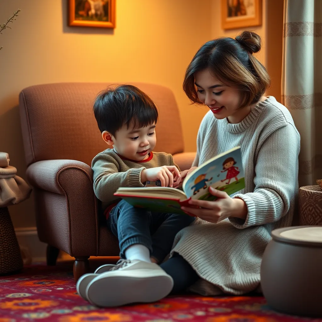 A warm and intimate setting, featuring a cozy reading nook with a comfortable armchair and a colorful rug. A child, aged 4-5, is sitting with a caregiver, engrossed in a book. The caregiver is gently pointing to a picture in the book, engaging the child in a conversation about the story. The image should evoke a sense of warmth, comfort, and connection. Capture the scene with a close-up perspective, focusing on the interaction between the caregiver and the child. Render the image in a photorealistic style with 8K resolution and ultra-detailed textures, highlighting the soft lighting, the intricate details of the book, and the genuine connection between the caregiver and the child.