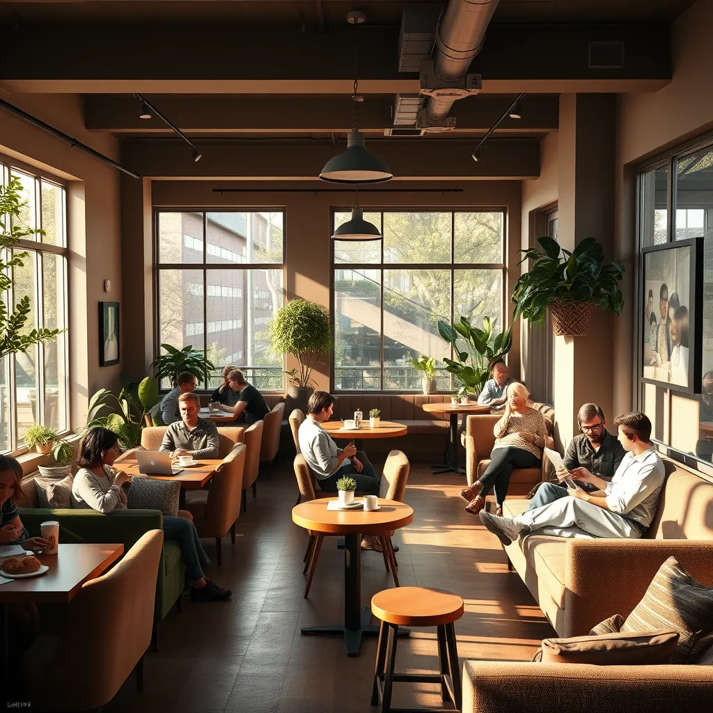 A warm and inviting coffee shop interior, filled with natural light streaming through large windows. The space is decorated with comfortable seating arrangements, featuring plush armchairs, cozy sofas, and wooden tables. The walls are adorned with artwork and plants, creating a sense of warmth and tranquility. The image should capture a diverse group of people enjoying their coffee and pastries in a relaxed and casual atmosphere. Some people are engrossed in conversation, while others are working on laptops or reading books. The scene should evoke a sense of community and togetherness, showcasing the inclusive and welcoming nature of SAITS4U Coffee Shop. The lighting should be soft and diffused, creating a comfortable and inviting ambiance. The image should have a warm, inviting color palette, with soft, muted tones. The composition should capture a wide shot of the coffee shop interior, showcasing the various seating areas and details. The image should be rendered in a hyperrealistic style, capturing the texture of the fabrics, the details of the furniture, and the natural light streaming through the windows. The overall mood should be one of relaxation and comfort, inviting viewers to imagine themselves enjoying a moment of peace and tranquility at SAITS4U.