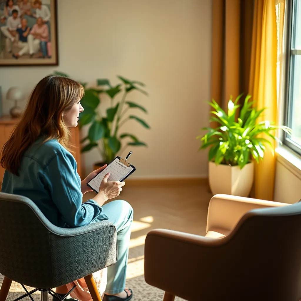 A warm and inviting counseling office with a therapist and client sitting across from each other. The therapist is holding a notepad and pen, listening attentively. The client is sitting with an open posture, expressing their thoughts and feelings.  Natural light streams through the window, illuminating the scene.  A potted plant adds a touch of nature to the space.
