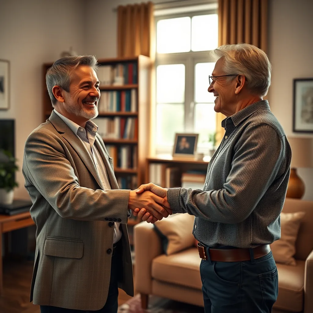 A warm and inviting image, shot from a low angle, depicting a broker shaking hands with a client in front of a bookshelf filled with insurance-related books. The scene is set in a comfortable, well-lit office, with natural light streaming in from a window. The broker is smiling and exuding warmth and confidence, while the client expresses gratitude and satisfaction. The image captures a moment of trust and understanding between the two individuals. The color palette is warm and welcoming, with earthy tones and soft lighting. The image conveys a sense of security and support, emphasizing the personal relationship between the broker and the client. The background is a well-organized office, with a modern desk, a comfortable sofa, and personal touches that create a welcoming atmosphere. The overall mood of the image is positive and reassuring, highlighting the personalized and supportive nature of the service.