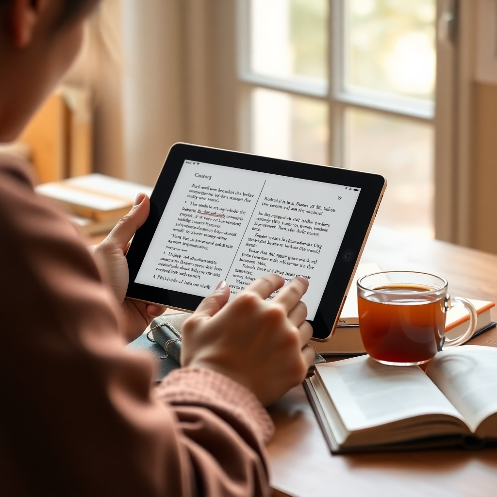 A warm and inviting image of a person studying an e-book on a tablet, surrounded by books and a cup of tea. Soft, natural light creates a cozy and focused atmosphere. The tablet screen displays a page from an engaging e-book or an online course interface. Focus is on the learning experience and the accessibility of knowledge. 8k resolution, hyperrealistic.