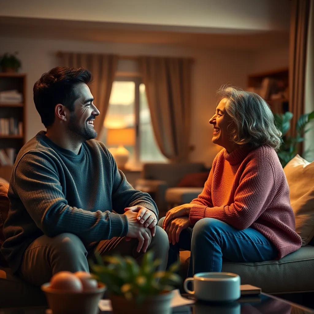 A warm and inviting living room setting with two people engaged in a heartfelt conversation, sharing smiles and laughter. The image should depict a sense of connection, trust, and open communication.