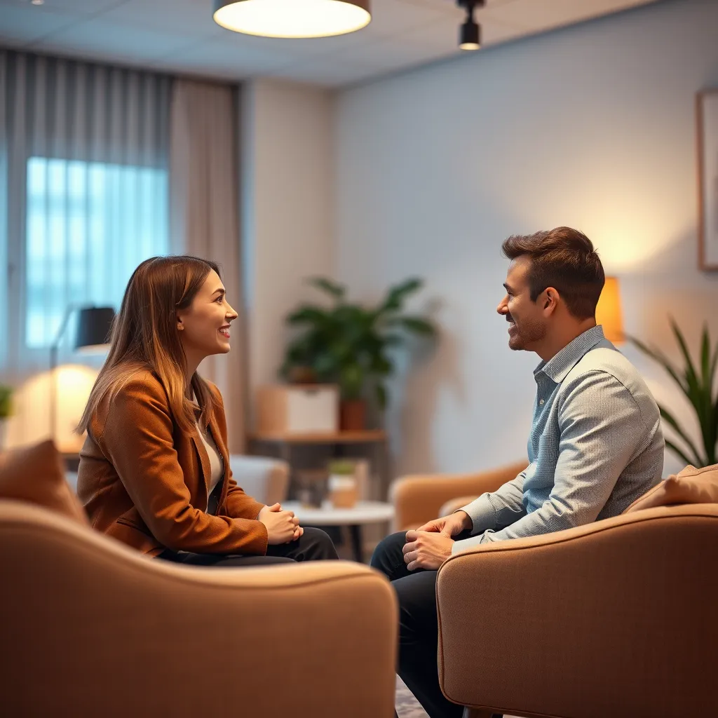 A warm and inviting meeting room with a recruiter and candidate engaged in a conversation. The image should focus on the interaction between the recruiter and candidate, conveying a sense of mutual understanding, trust, and personalized support. The room should be decorated with comfortable seating, soft lighting, and a calming color palette. The focus should be on the expressions and body language of the recruiter and candidate, showcasing their genuine connection and collaborative spirit.  The image should convey a sense of empathy, transparency, and open communication.  Render the image with a warm and inviting color palette, emphasizing the human connection and supportive nature of the recruitment process. The image should be framed from a slightly elevated angle, capturing the overall setting while maintaining a focus on the recruiter and candidate. Render the image with realistic details, including the texture of the furniture, the soft lighting, and the expressions on the faces of the recruiter and candidate.  The image should convey a feeling of warmth, security, and confidence, reflecting the personalized support provided by SAITS4U Recruiting.  