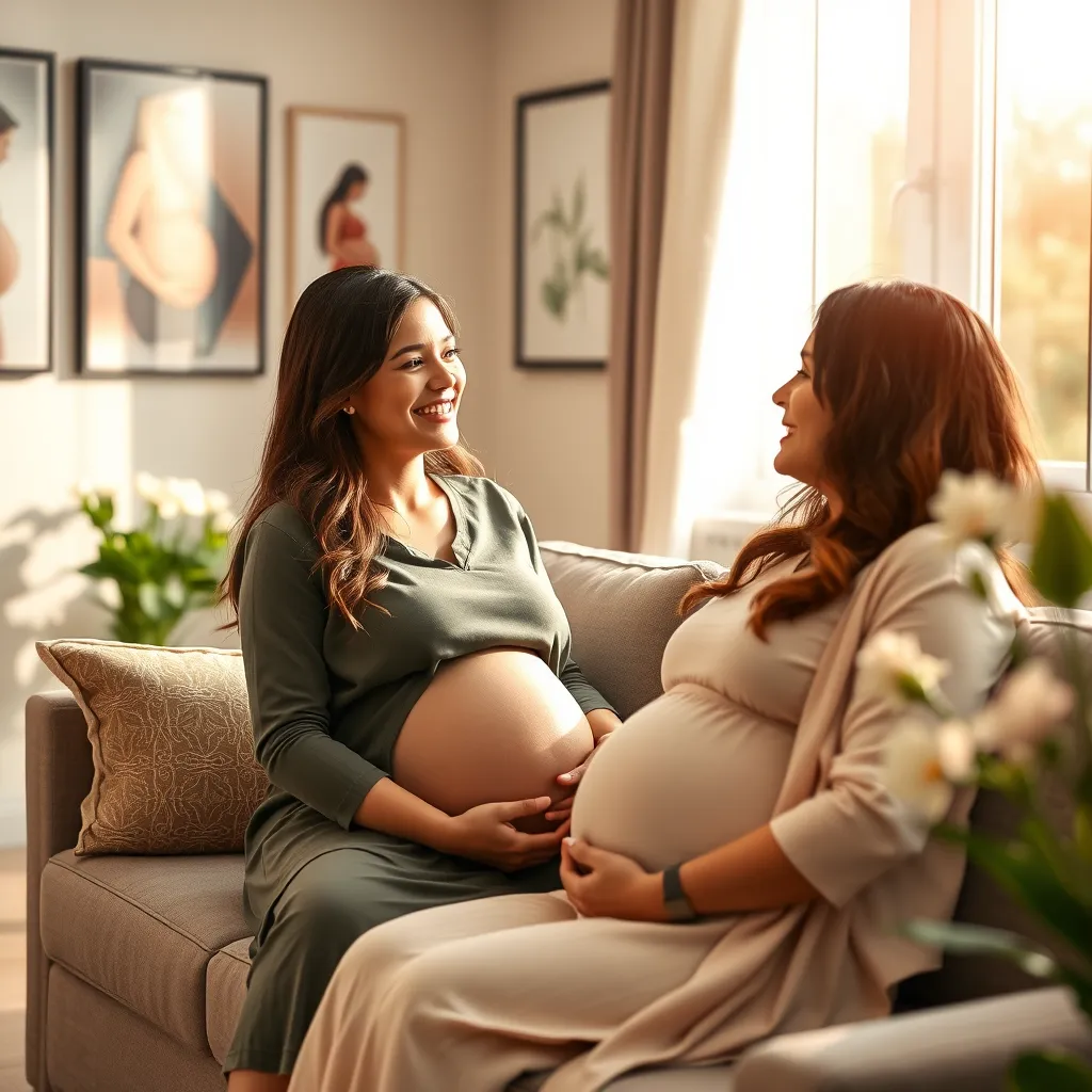 A warm and inviting scene depicting a pregnant woman, radiating joy, sitting on a comfortable couch in a midwife's office. Soft, natural lighting streams through a large window, casting a gentle glow on the room. The midwife, with a kind smile, is holding the woman's hand, reassuringly listening to her concerns. The walls are adorned with calming artwork depicting pregnancy and childbirth, and a bouquet of fresh flowers adds a touch of elegance. The image should capture a sense of trust, support, and shared joy.  A photorealistic, 8K resolution image with a cinematic depth of field, focusing on the woman and the midwife. Rendered in a warm and inviting color palette, emphasizing the natural beauty of pregnancy and the strength of the bond between the woman and her midwife. 