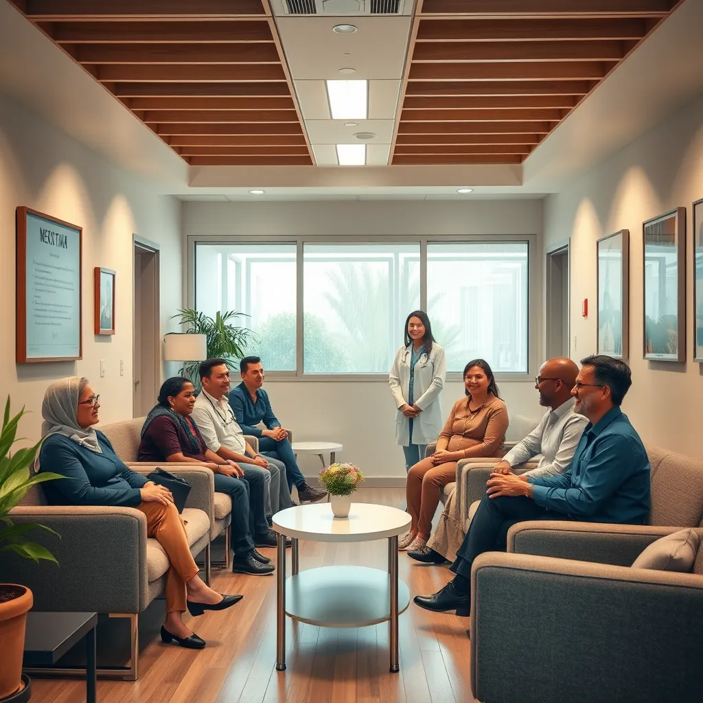 A warm and inviting waiting area in a doctor's office, with comfortable seating, soft lighting, and calming artwork. Diverse patients are smiling and interacting with each other and the friendly staff. The image should convey a sense of community, support, and inclusivity. 